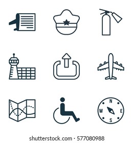 Set Of 9 Travel Icons. Includes Airport Building, Timetable, Accessibility And Other Symbols. Beautiful Design Elements.