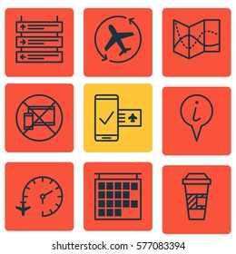 Set Of 9 Travel Icons. Includes Takeaway Coffee, Forbidden Mobile, Aircraft Arrow And Other Symbols. Beautiful Design Elements.