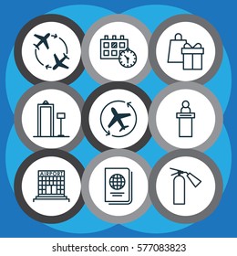 Set Of 9 Travel Icons. Includes Security Scanner, Fly Around, Airfield Manufacture And Other Symbols. Beautiful Design Elements.