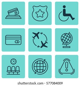 Set Of 9 Travel Icons. Includes Seats, Fly Around, Credit Card And Other Symbols. Beautiful Design Elements.