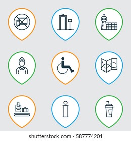 Set Of 9 Travel Icons. Includes Hostess, Drink Cup, Road Map And Other Symbols. Beautiful Design Elements.