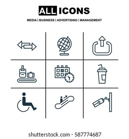 Set Of 9 Travel Icons. Includes Drink Cup, Accessibility, Crossroad And Other Symbols. Beautiful Design Elements.