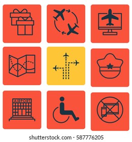 Set Of 9 Travel Icons. Includes Flight Path, Present, Road Map And Other Symbols. Beautiful Design Elements.