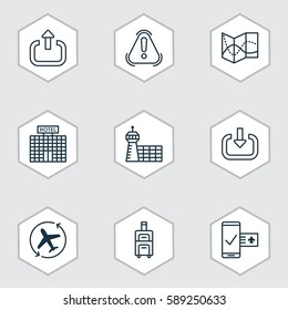Set Of 9 Travel Icons. Includes Enter, Exit, Airport Building And Other Symbols. Beautiful Design Elements.