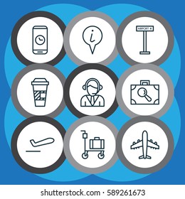 Set Of 9 Travel Icons. Includes Airliner, Info Pointer, Call Duration And Other Symbols. Beautiful Design Elements.