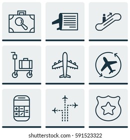 Set Of 9 Travel Icons. Includes Calculation, Cop Symbol, Flight Path And Other Symbols. Beautiful Design Elements.
