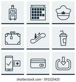 Set Of 9 Travel Icons. Includes Departure Information, Drink Cup, Phone Reservation And Other Symbols. Beautiful Design Elements.