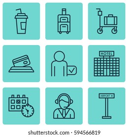 Set Of 9 Travel Icons. Includes Credit Card, Appointment, Globetrotter And Other Symbols. Beautiful Design Elements.