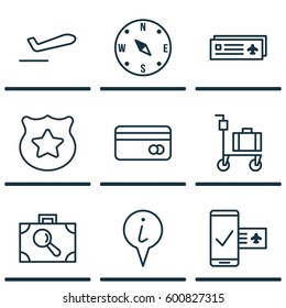 Set Of 9 Travel Icons. Includes Plastic Card, Phone Reservation, Airliner Takeoff And Other Symbols. Beautiful Design Elements.