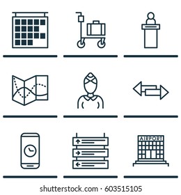 Set Of 9 Travel Icons. Includes Airfield Manufacture, Registration Service, Call Duration And Other Symbols. Beautiful Design Elements.