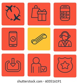 Set Of 9 Travel Icons. Includes Stair Lift, Calculation, Cop Symbol And Other Symbols. Beautiful Design Elements.