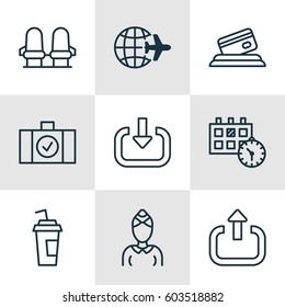 Set Of 9 Travel Icons. Includes Armchair, Luggage Scanner, Drink Cup And Other Symbols. Beautiful Design Elements.
