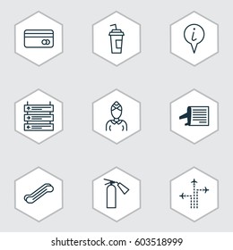 Set Of 9 Travel Icons. Includes Flight Path, Info Pointer, Stair Lift And Other Symbols. Beautiful Design Elements.