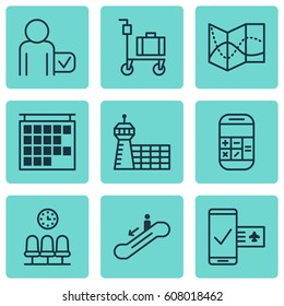 Set Of 9 Travel Icons. Includes Road Map, Seats, Escalator Down And Other Symbols. Beautiful Design Elements.