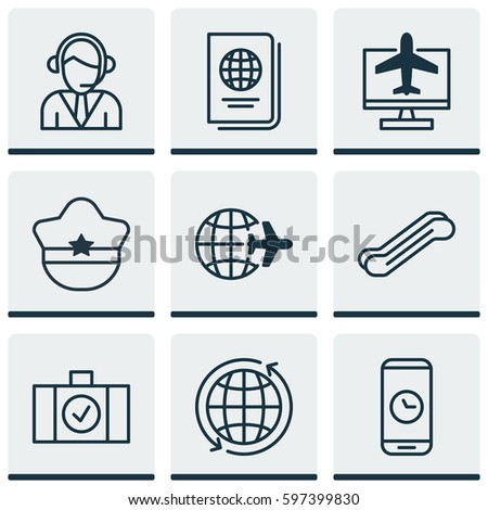 Set Of 9 Travel Icons. Includes Luggage Scanner, Call Duration, Worldwide Flight And Other Symbols. Beautiful Design Elements.