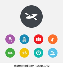 Set Of 9 Travel Icons Set.Collection Of Bike, Canoe, Direction And Other Elements.