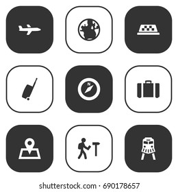 Set Of 9 Travel Icons Set.Collection Of Tram, Baggage, Cab And Other Elements.