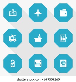 Set Of 9 Travel Icons Set.Collection Of Billfold, Airplane, Strongbox And Other Elements.