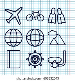 Set of 9 travel outline icons such as passport, helm, mountain, globe, flippers, plane, bicycle