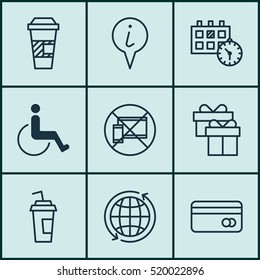 Set Of 9 Traveling Icons. Can Be Used For Web, Mobile, UI And Infographic Design. Includes Elements Such As Paralyzed, Present, Around And More.