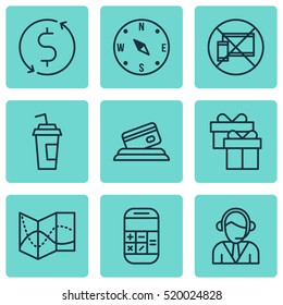 Set Of 9 Traveling Icons. Can Be Used For Web, Mobile, UI And Infographic Design. Includes Elements Such As Cup, Card, Device And More.
