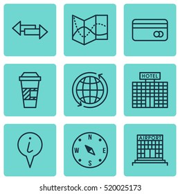 Set Of 9 Traveling Icons. Can Be Used For Web, Mobile, UI And Infographic Design. Includes Elements Such As Arrows, Pointer, Around And More.