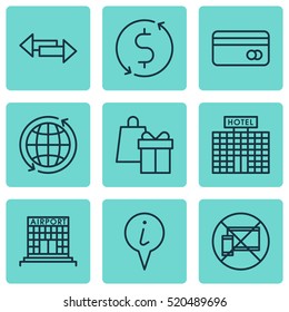 Set Of 9 Traveling Icons. Can Be Used For Web, Mobile, UI And Infographic Design. Includes Elements Such As Shopping, Exchange, Direction And More.