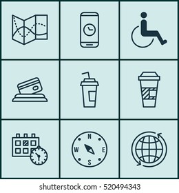 Set Of 9 Traveling Icons. Can Be Used For Web, Mobile, UI And Infographic Design. Includes Elements Such As Credit, Paper, Locate And More.