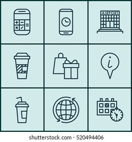 Set Of 9 Traveling Icons. Can Be Used For Web, Mobile, UI And Infographic Design. Includes Elements Such As Airport, Phone, Calendar And More.