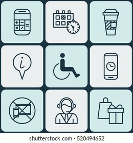 Set Of 9 Traveling Icons. Can Be Used For Web, Mobile, UI And Infographic Design. Includes Elements Such As Calculation, Calendar, Phone And More.
