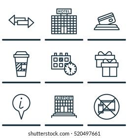 Set Of 9 Traveling Icons. Can Be Used For Web, Mobile, UI And Infographic Design. Includes Elements Such As Pointer, Gift, Takeaway And More.