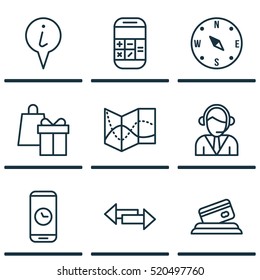 Set Of 9 Traveling Icons. Can Be Used For Web, Mobile, UI And Infographic Design. Includes Elements Such As Pointer, Road, Phone And More.