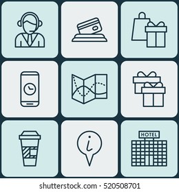 Set Of 9 Traveling Icons. Can Be Used For Web, Mobile, UI And Infographic Design. Includes Elements Such As Info, Center, Call And More.