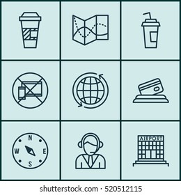 Set Of 9 Traveling Icons. Can Be Used For Web, Mobile, UI And Infographic Design. Includes Elements Such As Locate, World, Cup And More.
