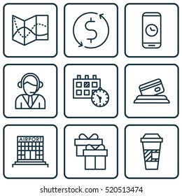 Set Of 9 Traveling Icons. Can Be Used For Web, Mobile, UI And Infographic Design. Includes Elements Such As Mobile, Cup, Call And More.