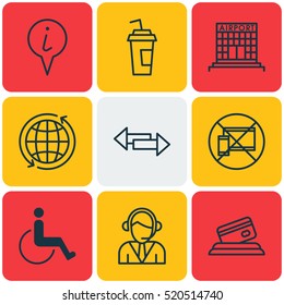 Set Of 9 Traveling Icons. Can Be Used For Web, Mobile, UI And Infographic Design. Includes Elements Such As Operator, No, Pointer And More.