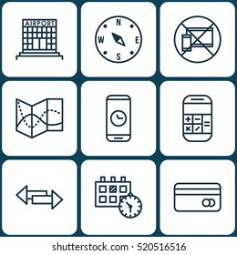 Set Of 9 Traveling Icons. Can Be Used For Web, Mobile, UI And Infographic Design. Includes Elements Such As Arrows, Calculator, Crossroad And More.