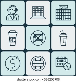 Set Of 9 Traveling Icons. Can Be Used For Web, Mobile, UI And Infographic Design. Includes Elements Such As Exchange, Airport, Office And More.