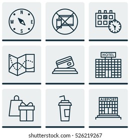 Set Of 9 Traveling Icons. Can Be Used For Web, Mobile, UI And Infographic Design. Includes Elements Such As Device, Airport, Mobile And More.