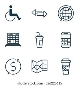 Set Of 9 Traveling Icons. Can Be Used For Web, Mobile, UI And Infographic Design. Includes Elements Such As Math, Coffee, Crossroad And More.