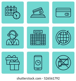 Set Of 9 Traveling Icons. Can Be Used For Web, Mobile, UI And Infographic Design. Includes Elements Such As Debit, Center, Around And More.