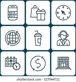 Set Of 9 Traveling Icons. Can Be Used For Web, Mobile, UI And Infographic Design. Includes Elements Such As World, Calculator, Globe And More.