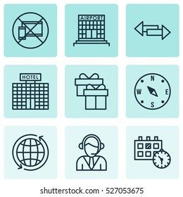 Set Of 9 Traveling Icons. Can Be Used For Web, Mobile, UI And Infographic Design. Includes Elements Such As Compass, Locate, Airport And More.