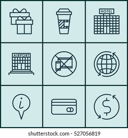 Set Of 9 Traveling Icons. Can Be Used For Web, Mobile, UI And Infographic Design. Includes Elements Such As Coffee, Globe, Debit And More.