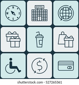 Set Of 9 Traveling Icons. Can Be Used For Web, Mobile, UI And Infographic Design. Includes Elements Such As Cup, Map, Office And More.
