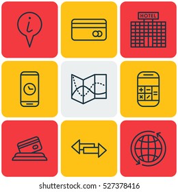 Set Of 9 Traveling Icons. Can Be Used For Web, Mobile, UI And Infographic Design. Includes Elements Such As Mobile, Hotel, Payment And More.