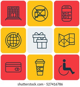 Set Of 9 Traveling Icons. Can Be Used For Web, Mobile, UI And Infographic Design. Includes Elements Such As Takeaway, Cup, Building And More.