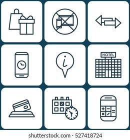 Set Of 9 Traveling Icons. Can Be Used For Web, Mobile, UI And Infographic Design. Includes Elements Such As Payment, Info, Calendar And More.