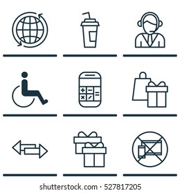 Set Of 9 Traveling Icons. Can Be Used For Web, Mobile, UI And Infographic Design. Includes Elements Such As Drink Cup, Present, World And More.