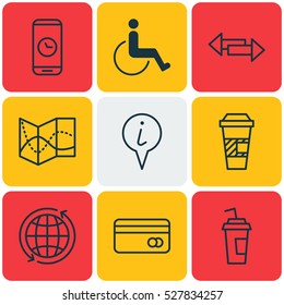 Set Of 9 Traveling Icons. Can Be Used For Web, Mobile, UI And Infographic Design. Includes Elements Such As Plastic Card, Road Map, Info Pointer And More.